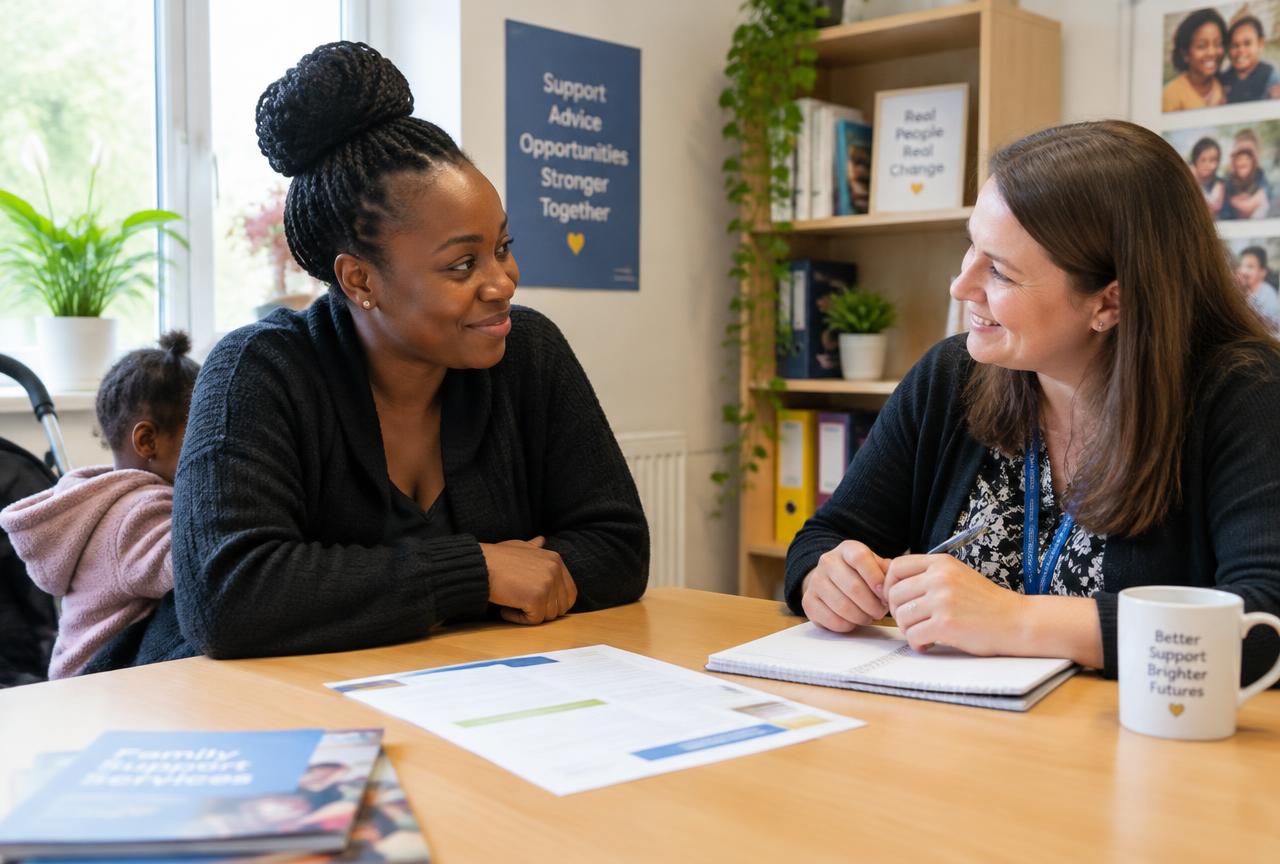 A single mother talking with an SPU adviser in a welcoming office