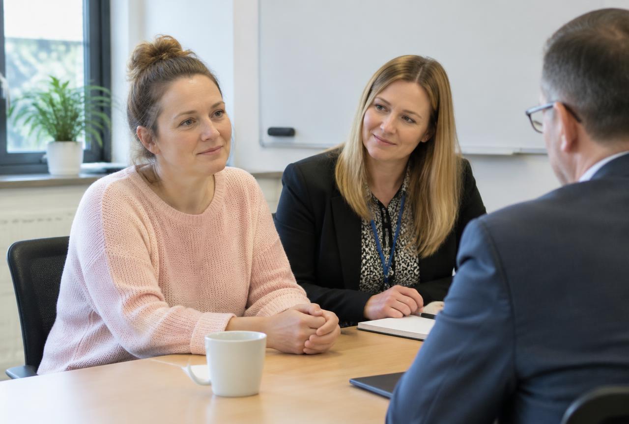 A single mother accompanied by an SPU representative in a workplace meeting